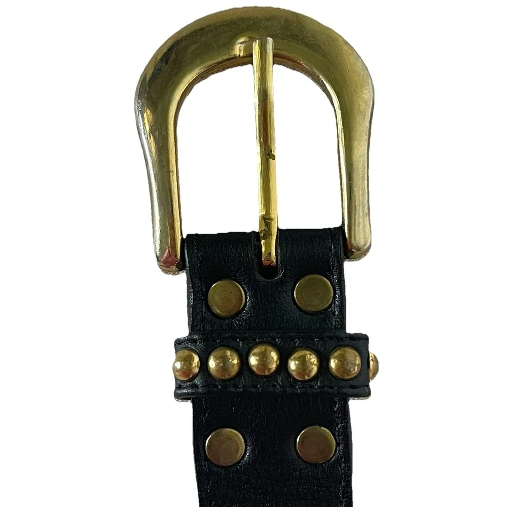 Black Studded Faux Leather Belt Gold Tone Buckle Rhinestone Accent Women's Small